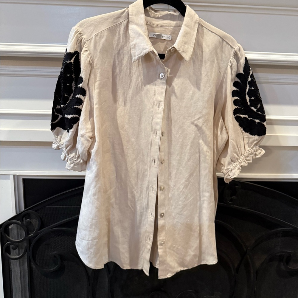 Chico's Cream Button Down with Black Leaf Design